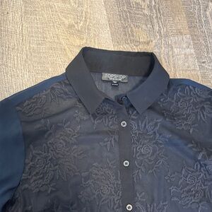 Topshop Navy Floral Long Sleeve Blouse